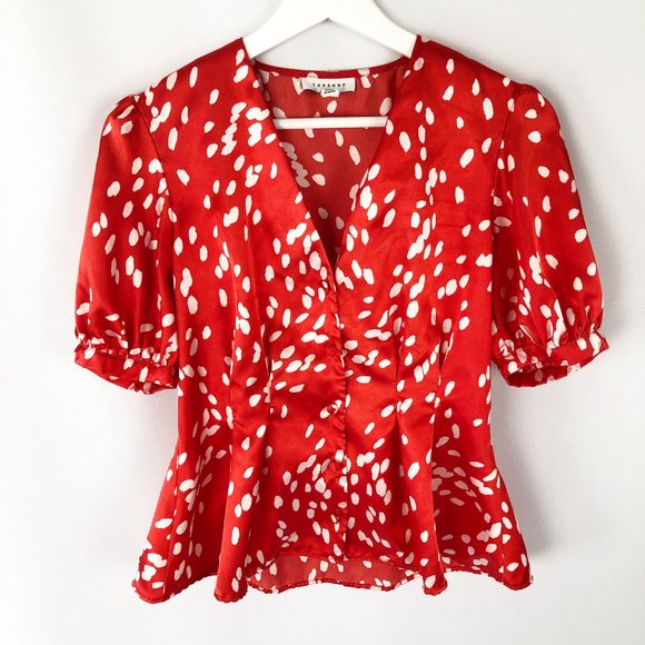 2 Piece Set TopShop Dalmatian Spot Pleated V-Neck Puff Sleeve Blouse Mini Skirt - Picture 9 of 13